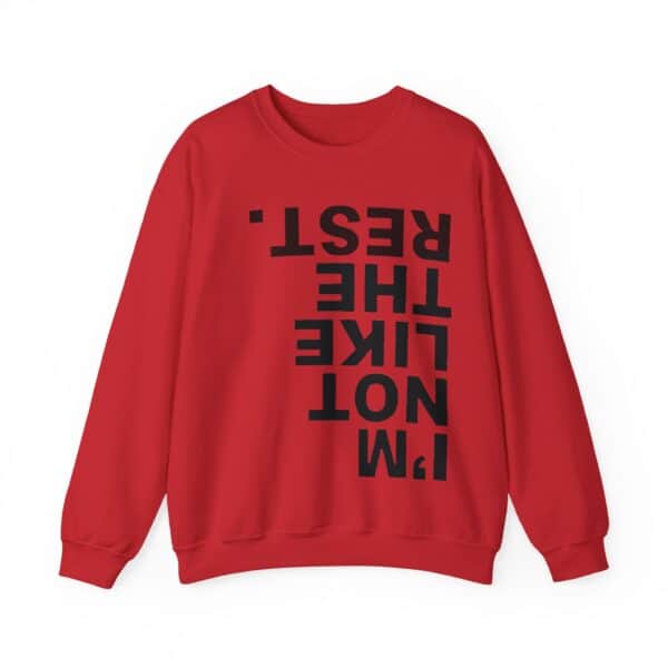 Bold red sweatshirt with a statement graphic print, casual and trendy for streetwear lovers.