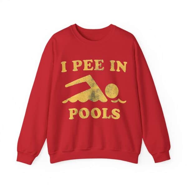 I PEE IN POOLS funny statement sweatshirt with distressed gold print, perfect for casual wear, street style, or gag gift. Casual, inexpensive, trendy clothing for any relaxed occasion.