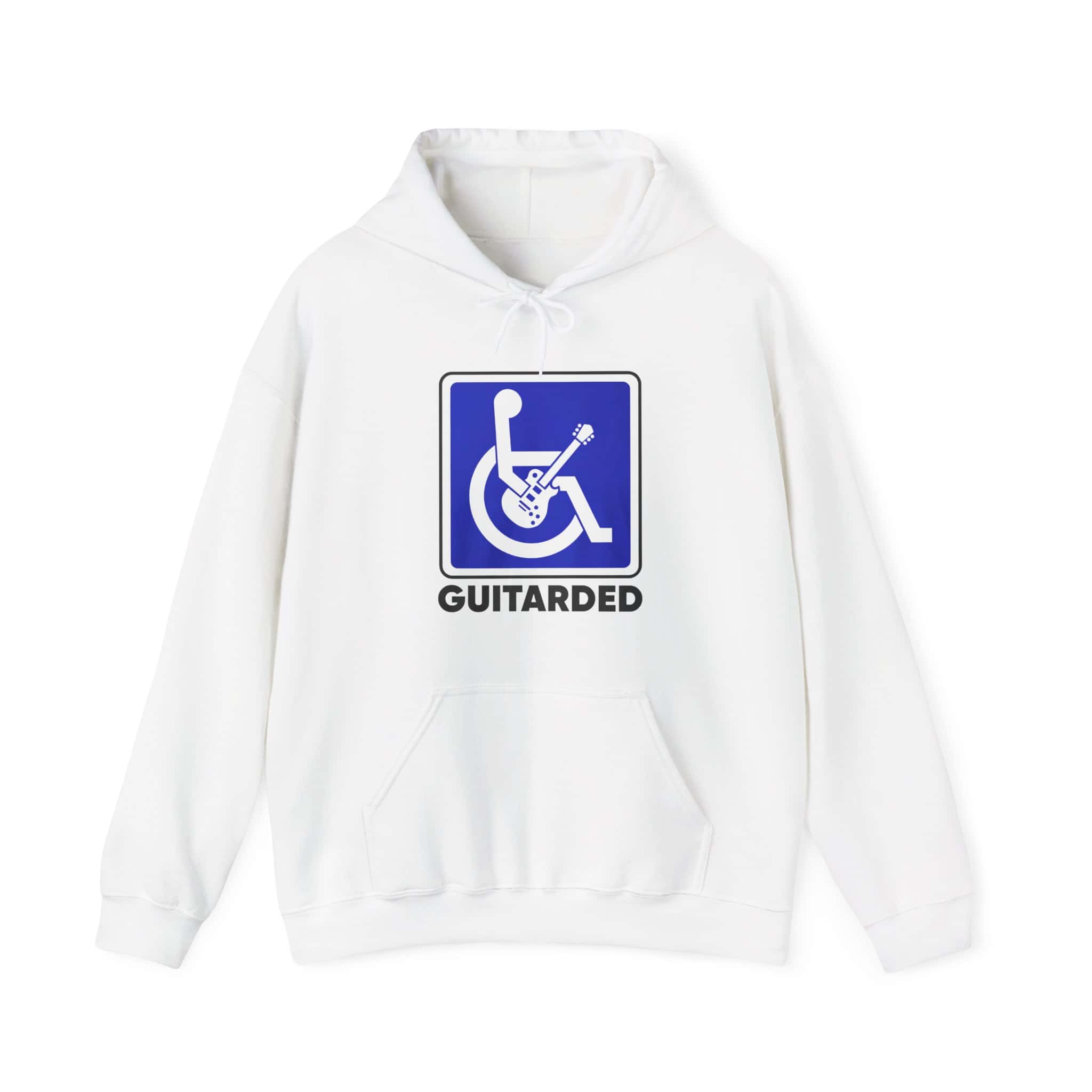 Comfortable white hoodie featuring a playful "GUITARDED" graphic combining accessibility and musical humor, perfect for casual wear and music lovers on a budget.