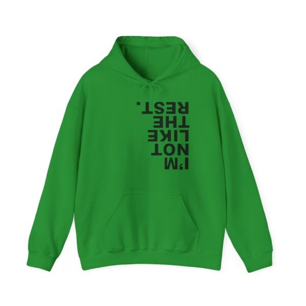 Bright green hoodie with bold black text saying "I'M NOT LIKE THE REST." perfect for casual cool fashion on a budget.