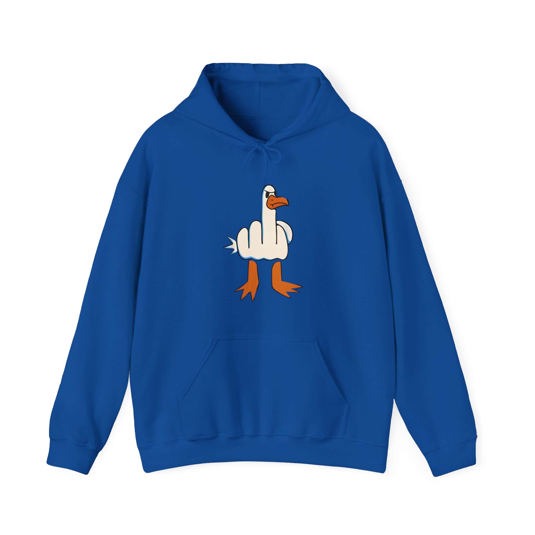 Middle finger cartoon goose hoodie with a humorous and bold graphic, perfect for casual streetwear, featuring a comfortable fit and eye-catching design, ideal for adding a fun, edgy touch to your wardrobe.