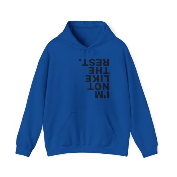 Youthful, vibrant blue hoodie with bold black statement text, perfect for a casual, cool look at affordable prices.