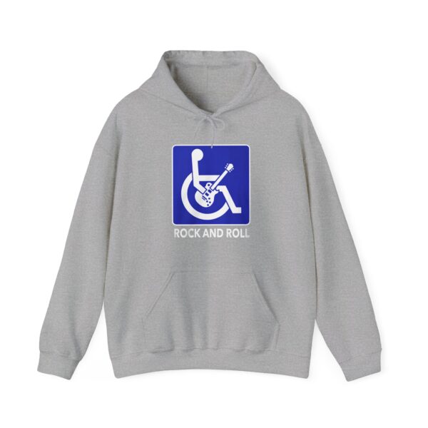 Rock and roll graphic hoodie with wheelchair accessibility symbol and guitar design, perfect for casual, cool statement wear at affordable prices.