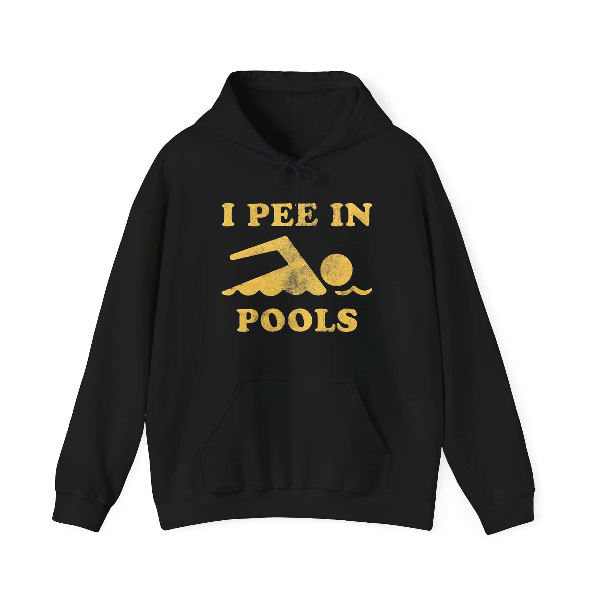 I PEE IN POOLS funny statement hoodie, black with gold print, humorous casual wear for swimming pool lovers and pool parties. Perfect for adding a bold, funny touch to your casual wardrobe.