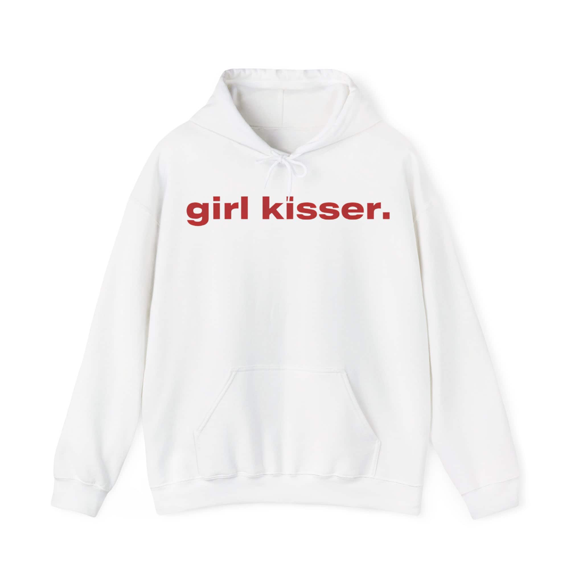 Girl kissers hoodie with bold red text on white fabric, casual and trendy statement clothing, perfect for a cool and affordable streetwear look.