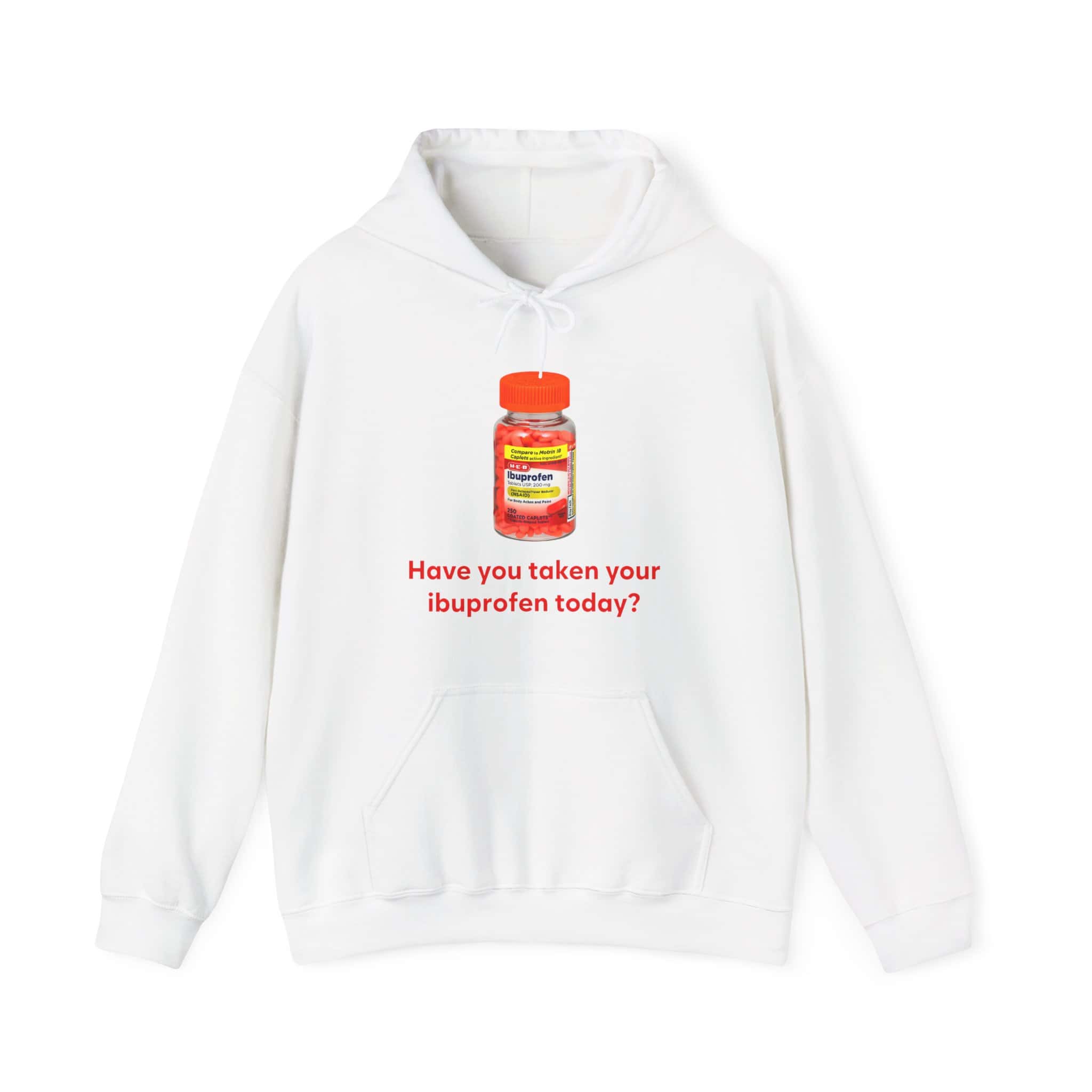 Ibuprofen pill hoodie with humorous text, perfect for trendy, affordable streetwear styles. Show off your cool, laid-back vibe with this quirky statement piece. Unique and inexpensive casual fashion.