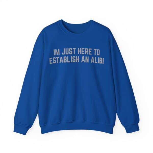 Blue sweatshirt with humorous statement text, casual cool clothing for everyday wear.