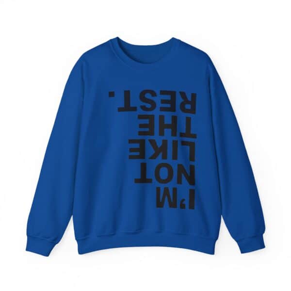 Bright blue sweatshirt with bold black text, perfect for a cool, casual look and budget-friendly style.