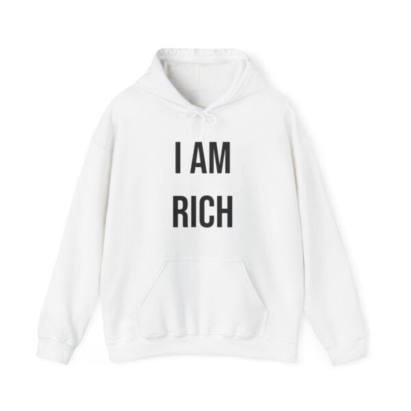 I am rich hoodie with bold statement text, perfect for casual, affordable, and trendy streetwear styles.