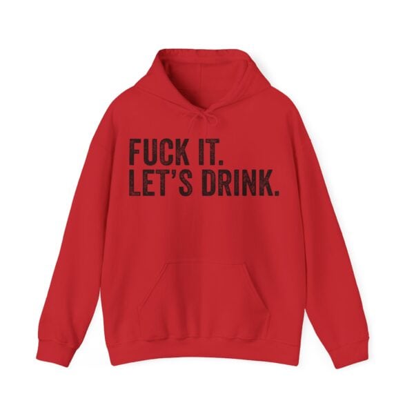 Funky red hoodie with bold black text statement shirt for casual streetwear.