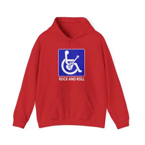 Comfy affordable rock band hoodie with wheelchair accessibility symbol.