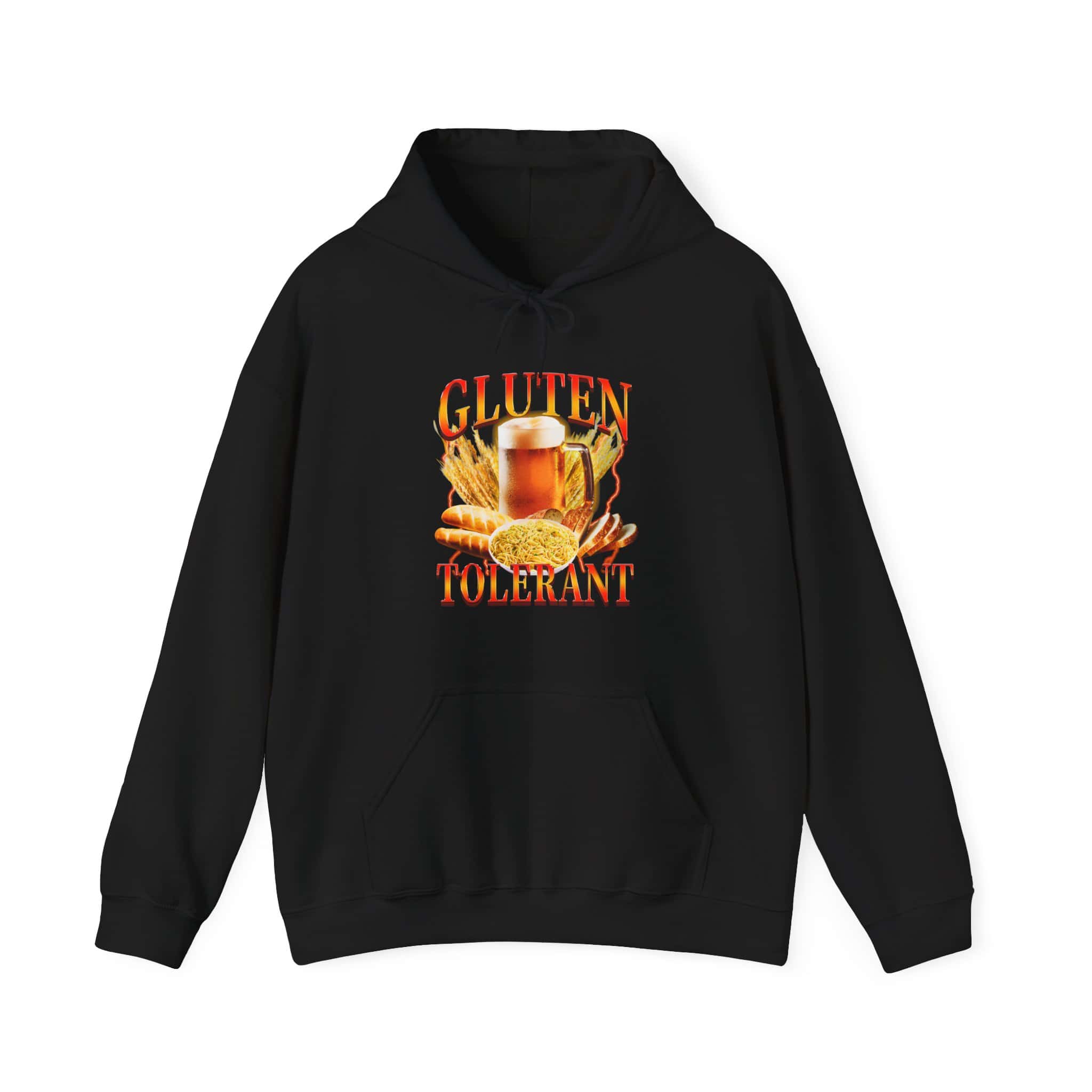 Gluten tolerant hoodie with humorous beer and food graphic for cool statement clothing on a budget. Perfect for casual, laid-back style with a fun, edgy twist. Affordable streetwear for beer lovers.