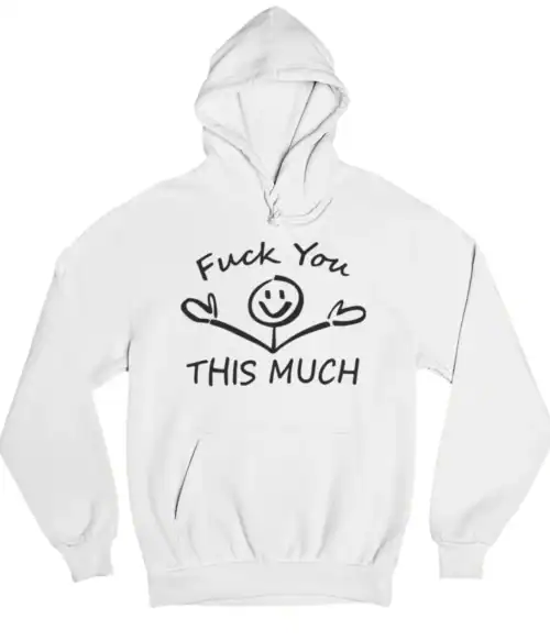 Funky white hoodie with humorous black text and smiley face design promoting cheap, cool statement clothing. Perfect for casual, trendy streetwear looks.