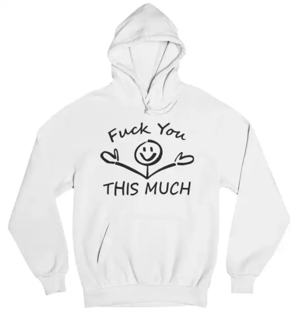 Funky white hoodie with humorous black text and smiley face design promoting cheap, cool statement clothing. Perfect for casual, trendy streetwear looks.