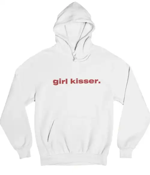 Girl kisser statement sweatshirt, affordable stylish casual hoodie, minimalistic white hoodie with bold red text, perfect for trendy, fun, and inexpensive streetwear fashion, suitable for everyday wear and making a statement.