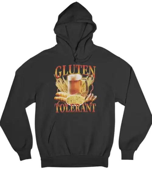 Gluten tolerant hoodie with beer and pasta graphic, casual streetwear style, affordable and trendy, perfect for food lovers and gluten-free supporters.