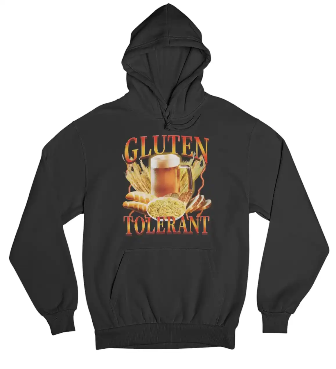 Gluten tolerant hoodie with beer and pasta graphic, casual streetwear style, affordable and trendy, perfect for food lovers and gluten-free supporters.