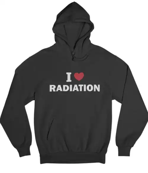 I love radiation hoodie with bold printed text and a red heart symbol, perfect for casual, cool statement outfit to showcase your unique style and interest in edgy fashion.