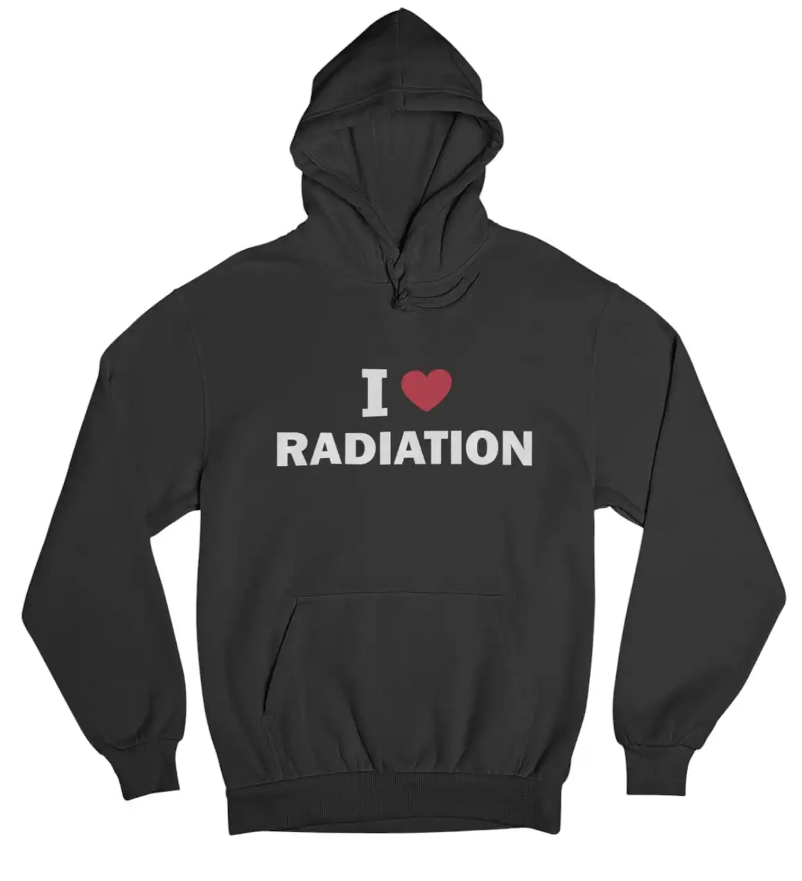 I love radiation hoodie with bold printed text and a red heart symbol, perfect for casual, cool statement outfit to showcase your unique style and interest in edgy fashion.
