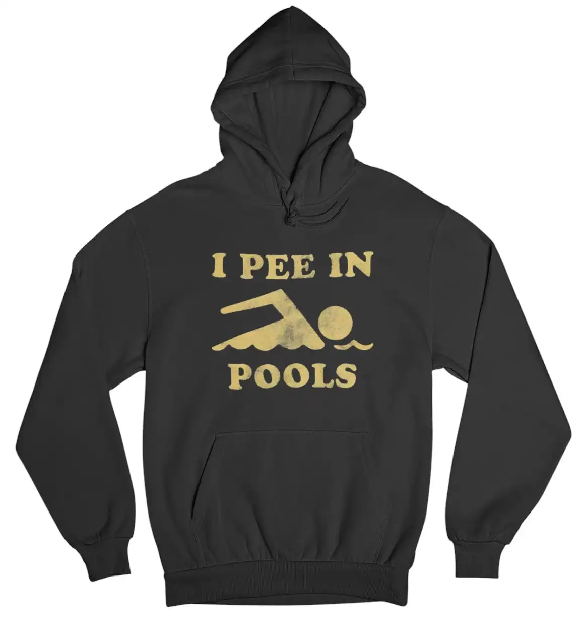 I pee in pools hoodie with humorous text and swimming graphic. Perfect for casual, funny, and inexpensive statement clothing. Great for pool parties or relaxed days.