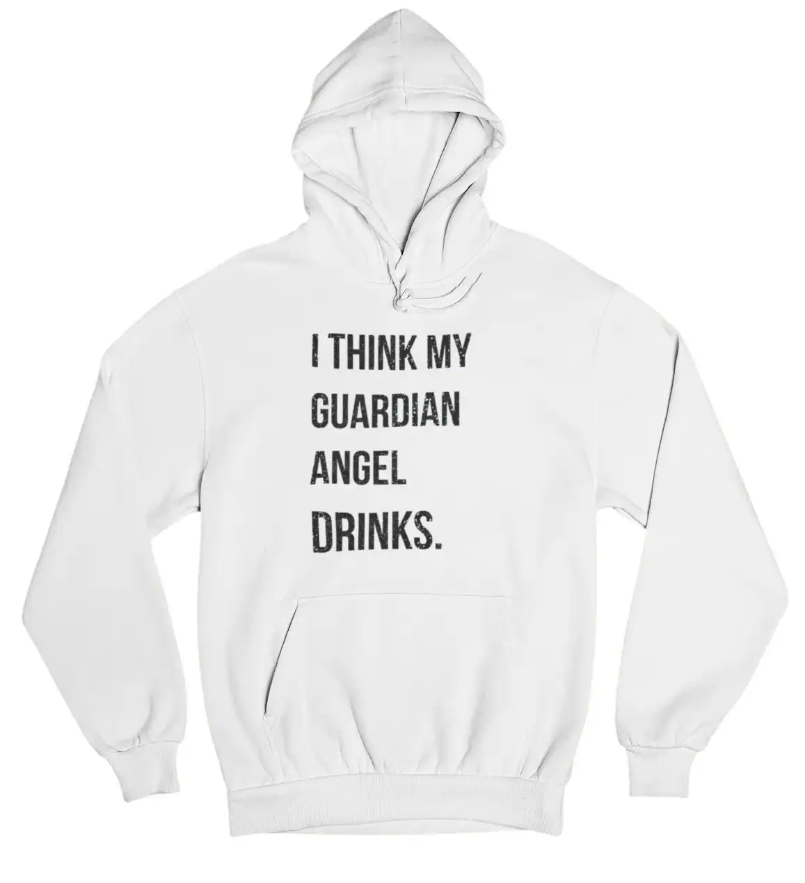 I think my guardian angel drinks hoodie with funny quote, casual and affordable streetwear style, perfect for a cool and laid-back look, affordable trendy statement clothing for everyday wear.