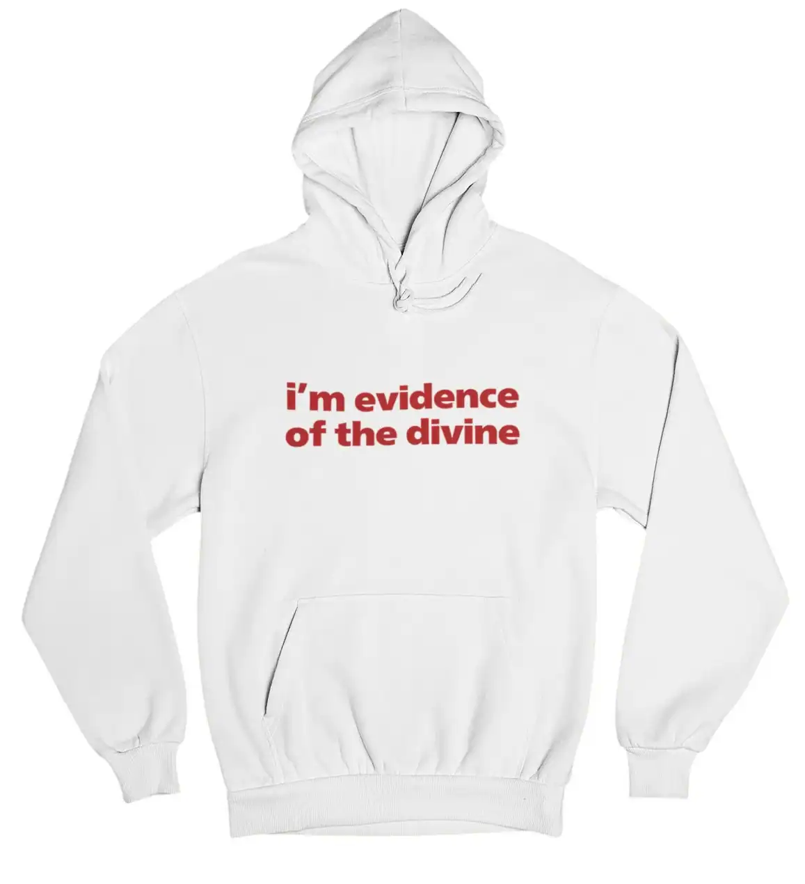 I'm evidence of the divine hoodie in white with bold red text, perfect for cool, statement-making, and affordable streetwear style.