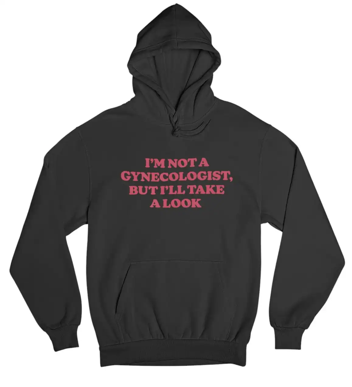 Cotton hoodie with humorous text, black casual statement sweatshirt, trendy cool clothes for men and women.