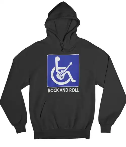 Rock and roll themed hoodie with a guitar and wheelchair graphic, casual and trendy style, perfect for streetwear lovers.