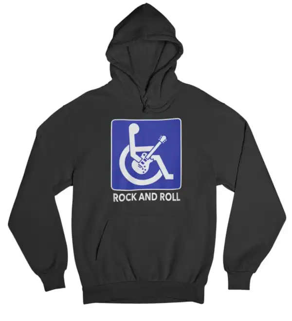 Rock and roll themed hoodie with a guitar and wheelchair graphic, casual and trendy style, perfect for streetwear lovers.