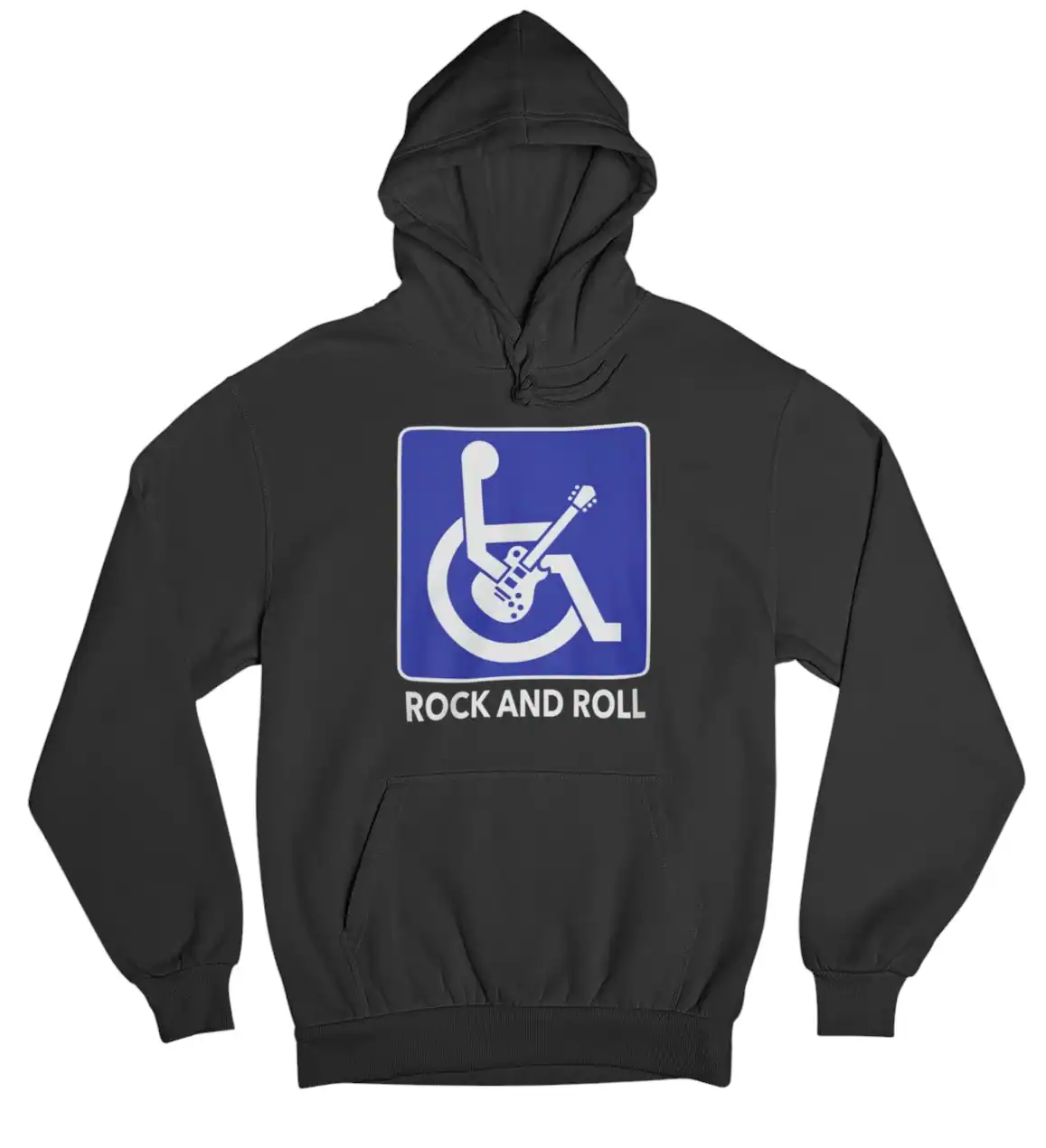 Rock and roll themed hoodie with a guitar and wheelchair graphic, casual and trendy style, perfect for streetwear lovers.