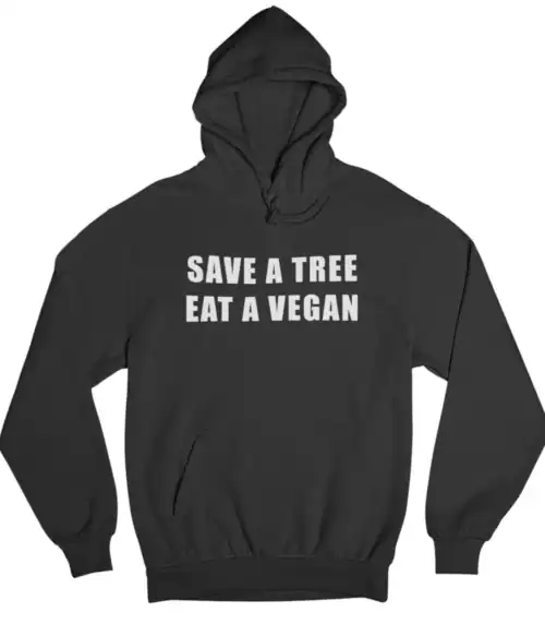 Save a tree eat a vegan hoodie with bold text, affordable cool statement clothing for eco-conscious fashion enthusiasts black hoodie with eco-friendly message.