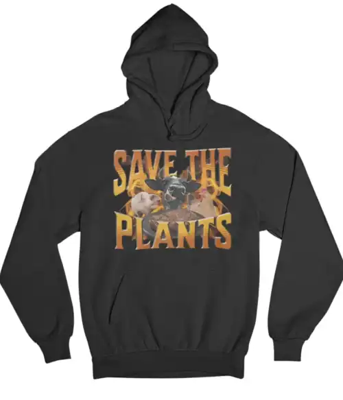 Save the planet statement hoodie with animal graphics promoting eco-friendly awareness and sustainable living. Perfect for casual wear with a bold environmental message.