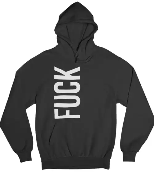 Fuzzy black hoodie with bold white "FUCK" graphic, stylish and affordable streetwear for a cool casual look.