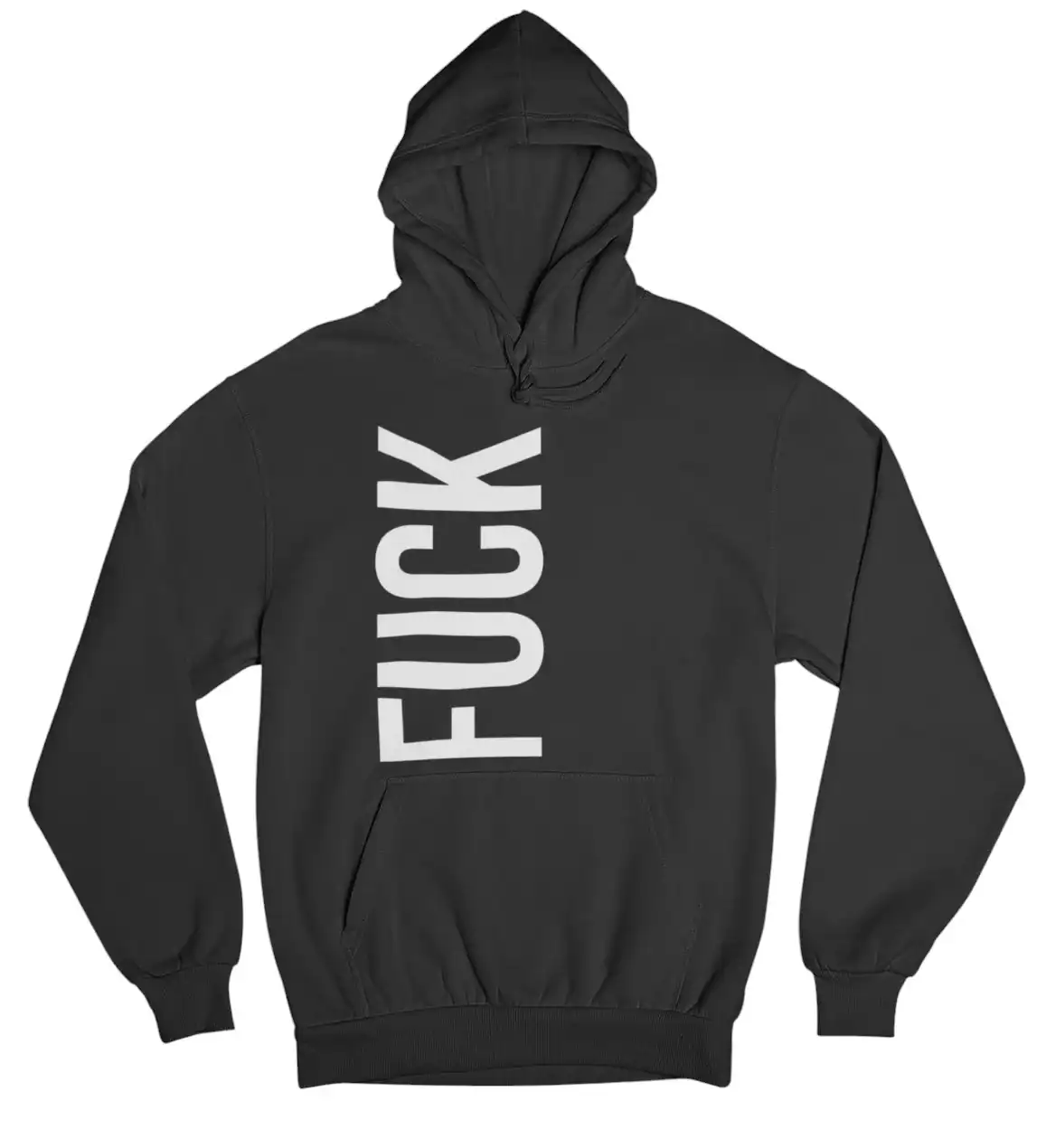 Fuzzy black hoodie with bold white "FUCK" graphic, stylish and affordable streetwear for a cool casual look.