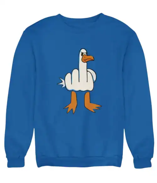 Flip off funny cartoon bird sweatshirt, vibrant blue with humorous middle finger graphic, casual streetwear style, great for trendy, affordable fashion, statement statement clothes for a cool look.