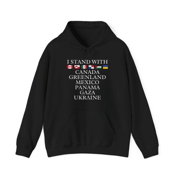 Flags of various countries with the text "I STAND WITH" and a list of nations underneath, printed on a black hoodie, showcasing a statement of solidarity in a casual, affordable fashion.