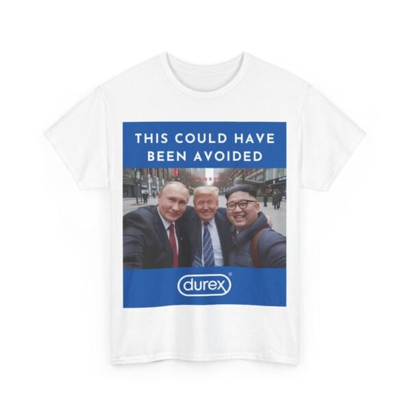 Vibrant graphic T-shirt featuring a humorous political meme with a popular brand logo for a trendy, casual look. Perfect for making a bold, fun statement with affordable, stylish clothing.