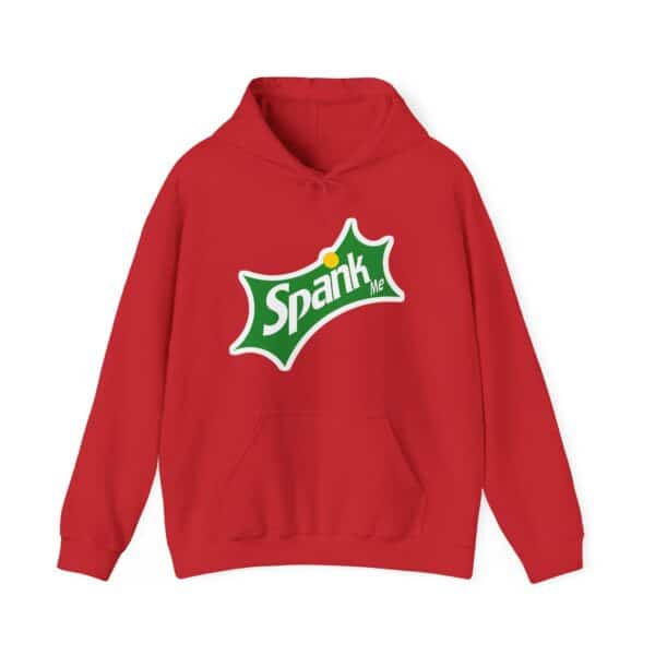 Spank Me logo hoodie in bold red, featuring a playful and humorous design perfect for casual streetwear.