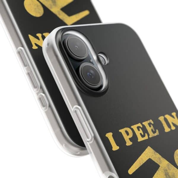 Duotone phone case with bold yellow graphic design featuring a statement that reads "I PEE IN" on a black background.