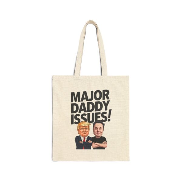 Major daddy issues tote bag with humorous caricature design and bold text, perfect for casual wear and expressing personality.
