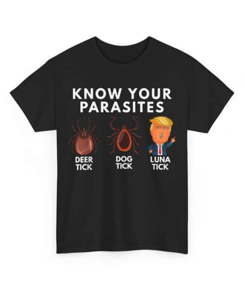 Decent cheap humorous statement t-shirt with parasite graphics and text about ticks and a cartoon of Donald Trump, casual cool design, trendy and affordable fashion piece.