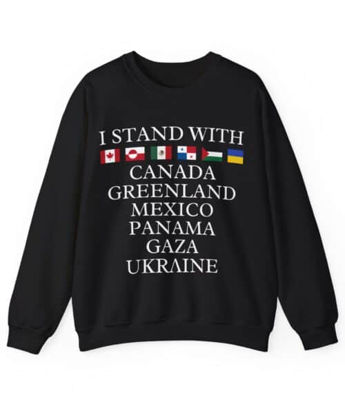 Standing with international flags and bold statement clothing for a cool, casual look.