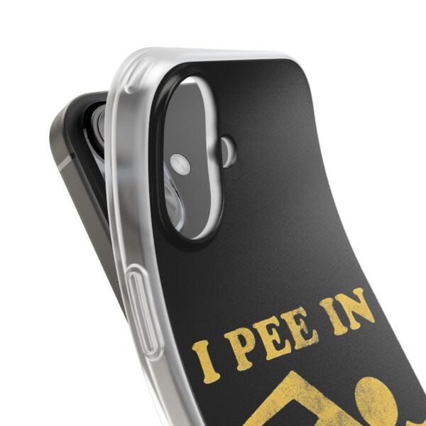 Black phone case with "I PEE IN" text and yellow graphic, designed for a modern smartphone, featuring a stylish and humorous statement print.