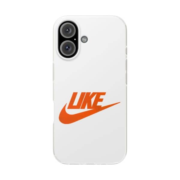 Nike inspired trendy phone case with the word "LIKE" in bold orange font and a swoosh symbol, designed for a stylish and affordable look.