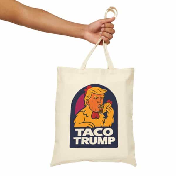 Tote bag with a humorous graphic of Trump as a chicken eating a taco, emphasizing trendy and funny statement clothing. Perfect for casual, cool, and affordable fashion statements.