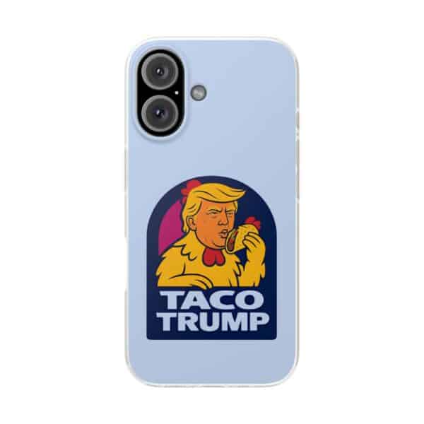 Taco trump phone case with cartoon illustration of Donald Trump eating a taco, humorous and trendy accessory for casual style, great for fans of funny statement clothing and cool, affordable fashion statements.