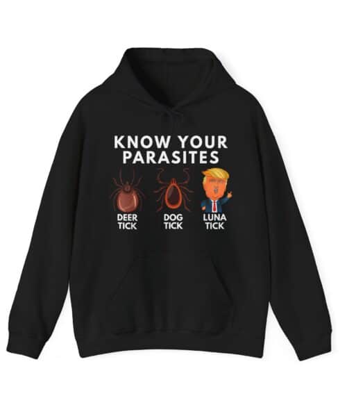 Deer tick, dog tick, and luna tick illustrated on a black hoodie with the caption “know your parasites” for a humorous and cool statement clothing piece.