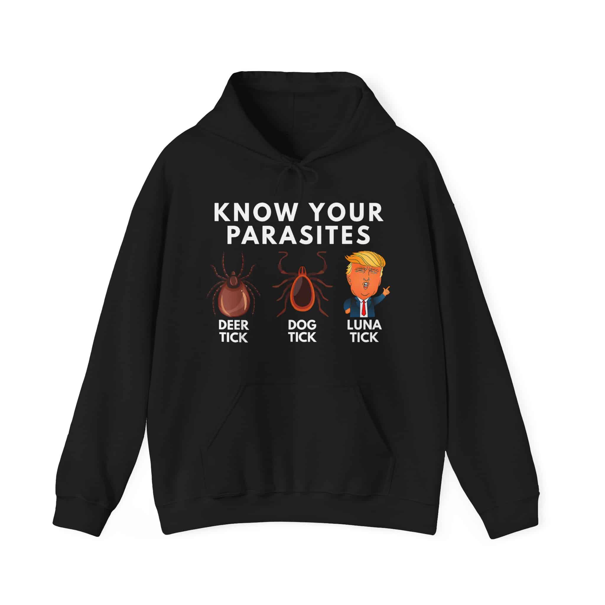 Deer tick, dog tick, and luna tick illustrated on a black hoodie with the caption “know your parasites” for a humorous and cool statement clothing piece.