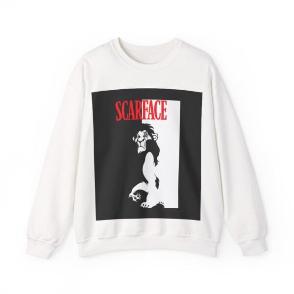Scarface graphic sweatshirt with bold black and white design and red text, perfect for casual and trendy streetwear.