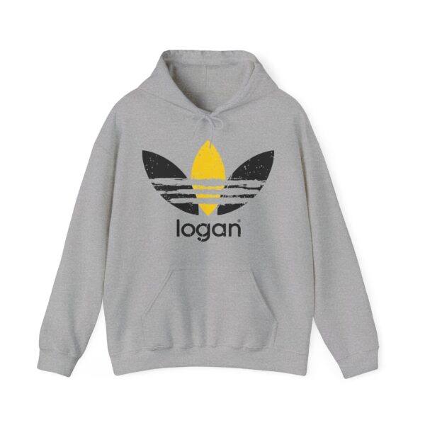 Casual grey hoodie with retro adidas-inspired logo and a personalized "logan" text, perfect for stylish and affordable statement wear.